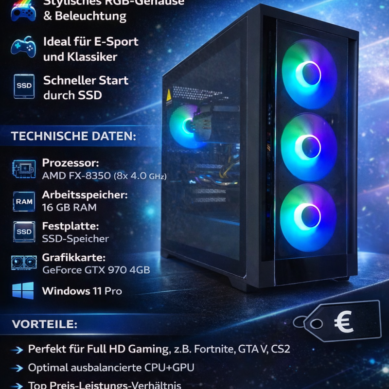 Gaming PC RGB AMD 8x4.0GHz GTX | 16GB RAM | SSD | Win 11 – Sofort spielbereit!