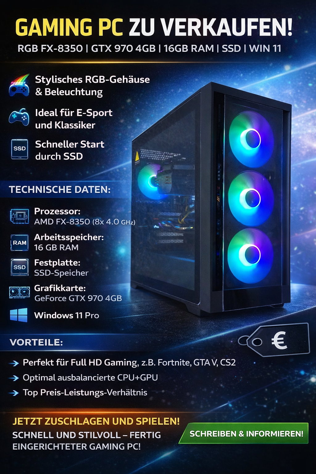 Gaming PC RGB AMD 8x4.0GHz GTX | 16GB RAM | SSD | Win 11 – Sofort spielbereit!