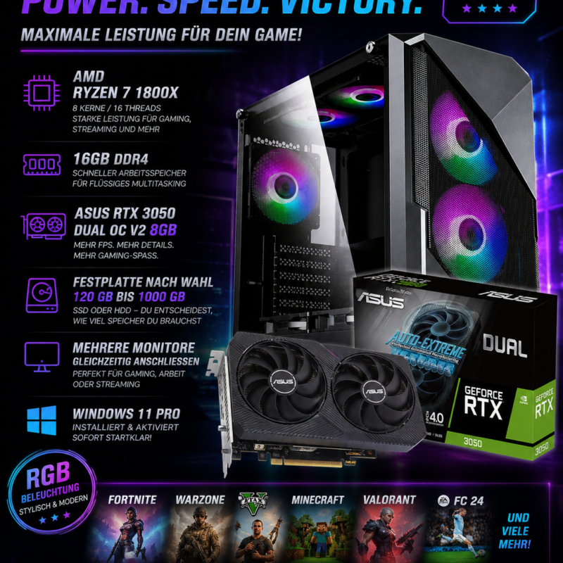 🔥 Gaming PC | AMD Ryzen 7 | RTX 3050 8GB | 16GB DDR4 | Windows 11 Pro 🔥