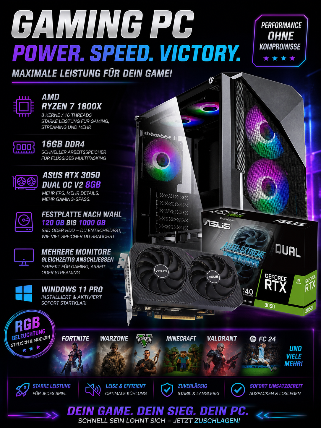 🔥 Gaming PC | AMD Ryzen 7 | RTX 3050 8GB | 16GB DDR4 | Windows 11 Pro 🔥